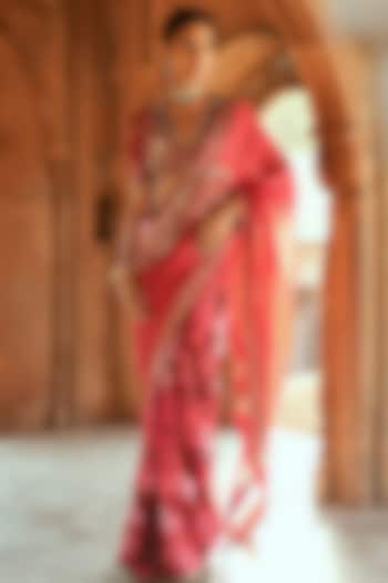 Pink Organza Floral Printed & Mirror Embroidered Wedding Saree Set by Isha Gupta Tayal at Pernia's Pop Up Shop