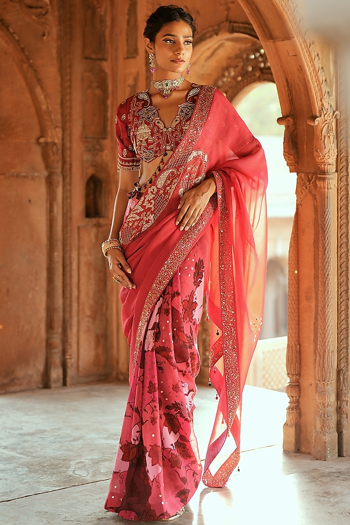 Pink Organza Floral Printed & Mirror Embroidered Wedding Saree Set by Isha Gupta Tayal at Pernia's Pop Up Shop