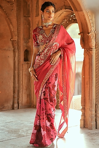 Pink Organza Floral Printed & Mirror Embroidered Saree Set by Isha Gupta Tayal