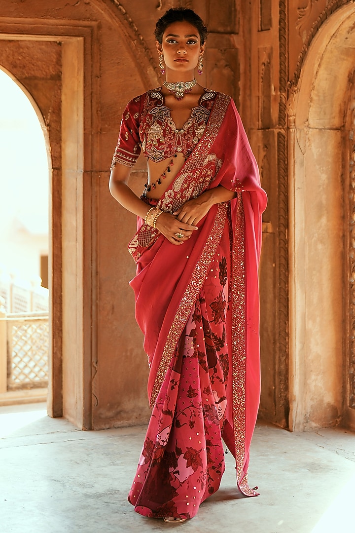 Pink Organza Floral Printed & Mirror Embroidered Wedding Saree Set by Isha Gupta Tayal at Pernia's Pop Up Shop