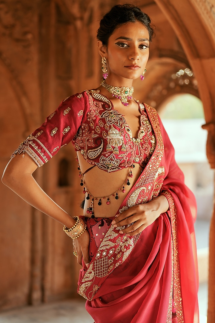 Pink Organza Floral Printed & Mirror Embroidered Wedding Saree Set by Isha Gupta Tayal at Pernia's Pop Up Shop