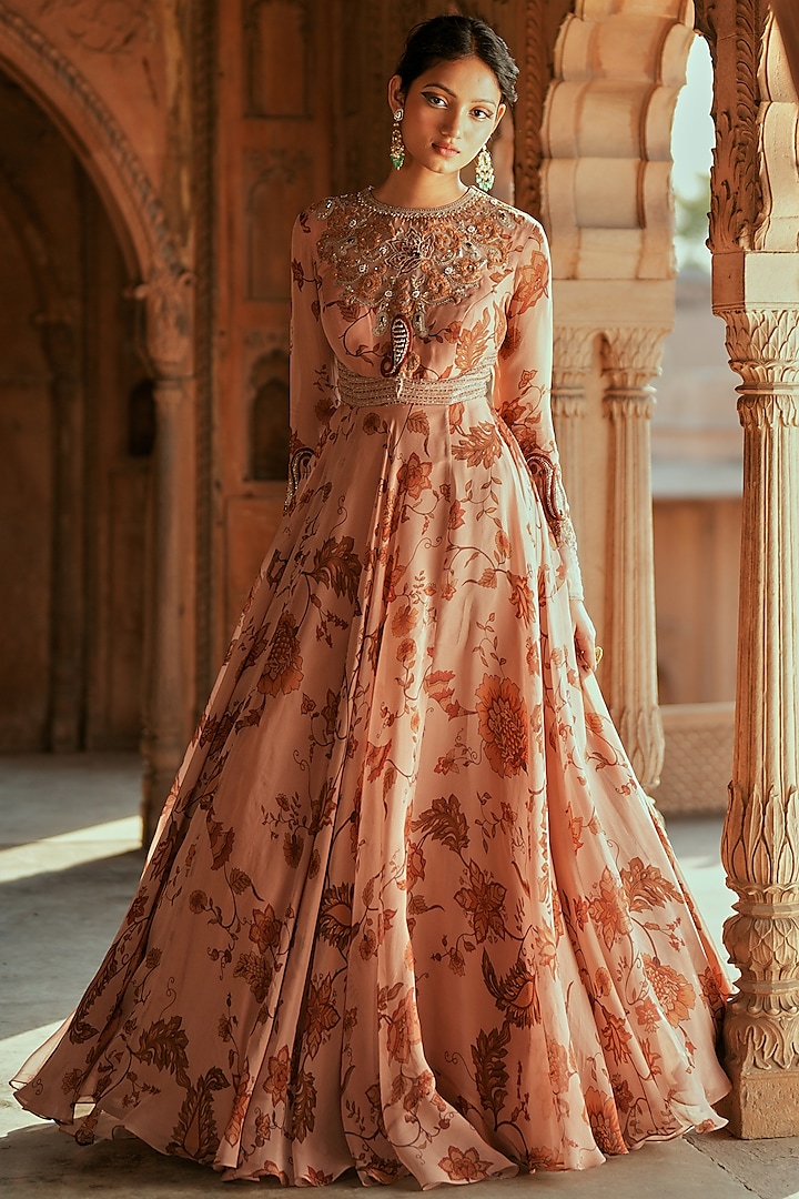 Pink Organza Printed & Dori Embroidered Wedding Anarkali Set by Isha Gupta Tayal at Pernia's Pop Up Shop