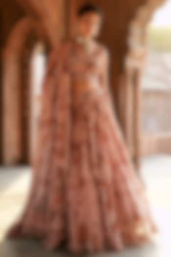 Pastel Pink Organza Floral Printed & Embroidered Wedding Lehenga Set by Isha Gupta Tayal at Pernia's Pop Up Shop
