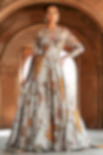 Grey Organza Printed & Dori Embroidered Wedding Anarkali Set by Isha Gupta Tayal at Pernia's Pop Up Shop