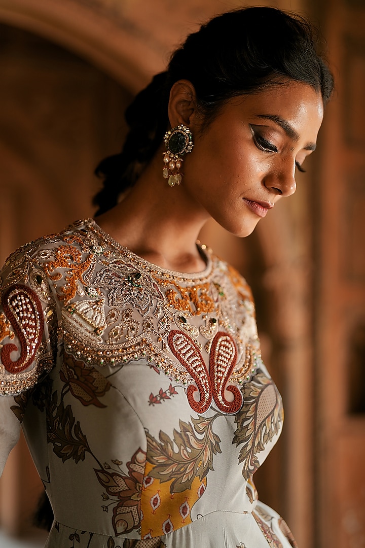 Grey Organza Printed & Dori Embroidered Wedding Anarkali Set by Isha Gupta Tayal at Pernia's Pop Up Shop