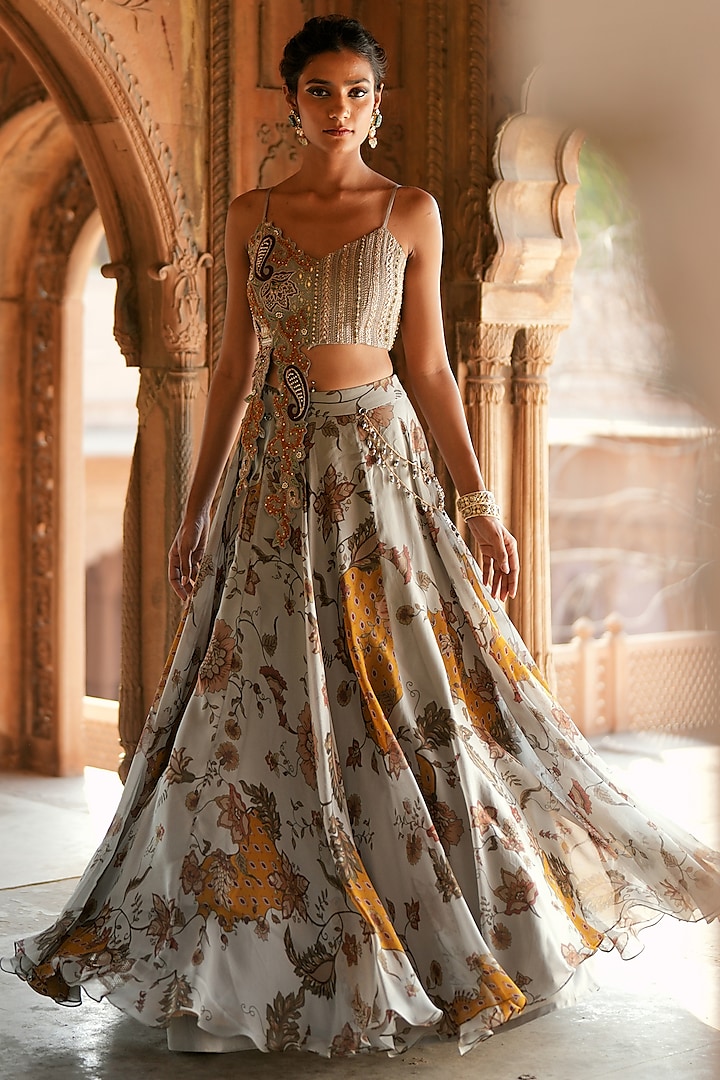 Grey Organza Floral Printed Wedding Lehenga Set by Isha Gupta Tayal at Pernia's Pop Up Shop