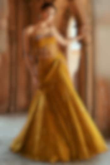 Yellow Gold Organza Floral Printed Wedding Lehenga Set by Isha Gupta Tayal at Pernia's Pop Up Shop