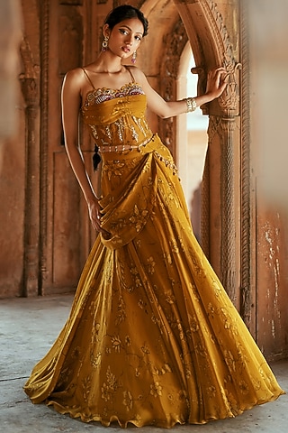Yellow Gold Organza Floral Printed Lehenga Set by Isha Gupta Tayal