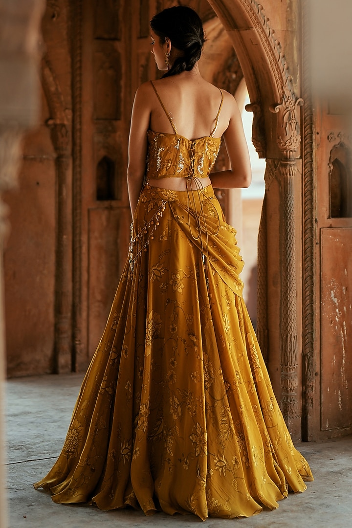 Yellow Gold Organza Floral Printed Wedding Lehenga Set by Isha Gupta Tayal at Pernia's Pop Up Shop