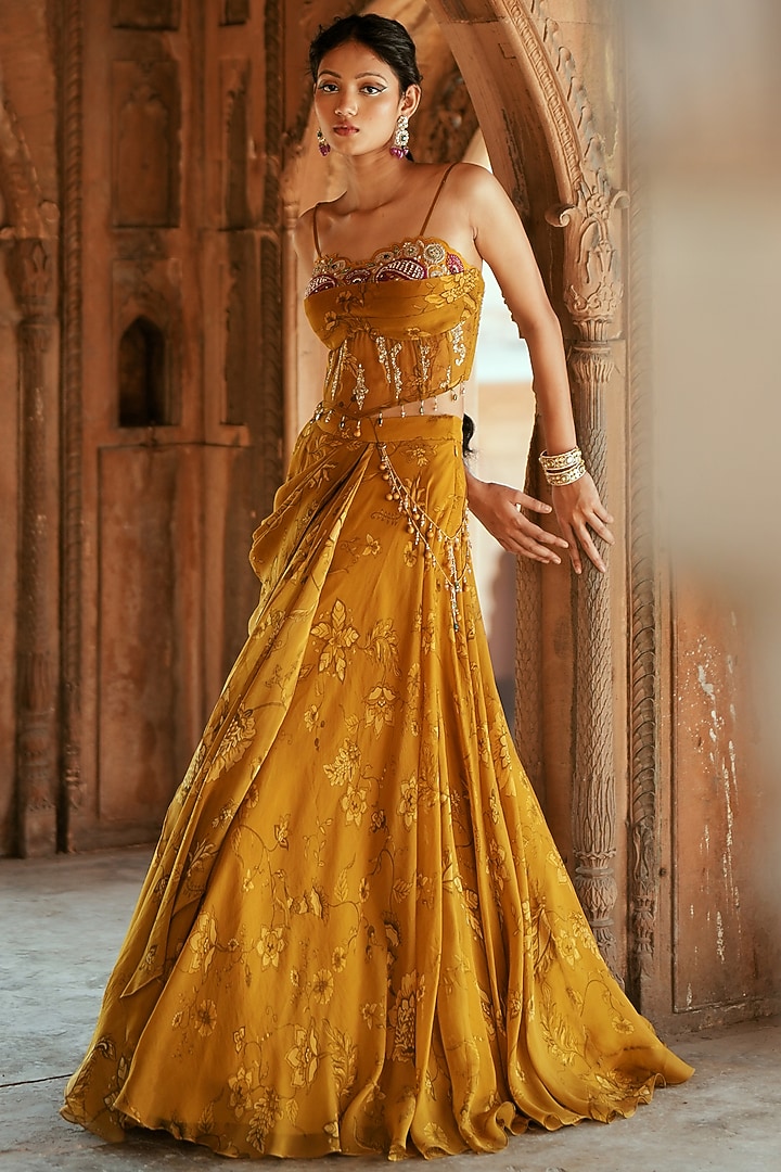 Yellow Gold Organza Floral Printed Wedding Lehenga Set by Isha Gupta Tayal at Pernia's Pop Up Shop