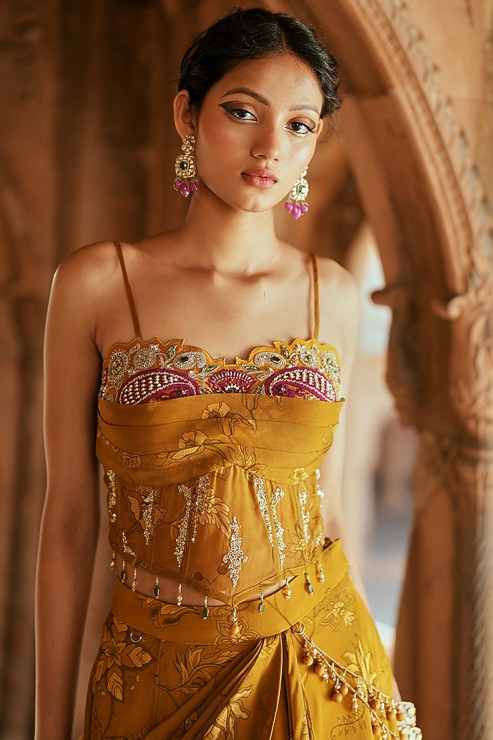 Yellow Gold Organza Floral Printed Wedding Lehenga Set by Isha Gupta Tayal at Pernia's Pop Up Shop