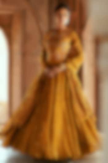 Gold Organza Floral Printed & Embroidered Wedding Anarkali Set by Isha Gupta Tayal at Pernia's Pop Up Shop