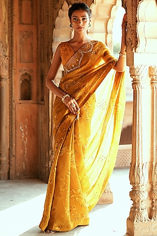 Yellow Gold Organza Floral Printed & Mirror Embroidered Saree Set by Isha Gupta Tayal