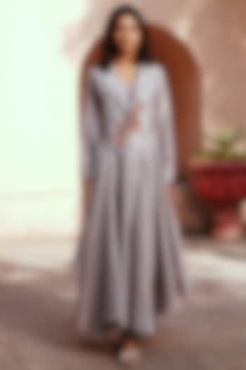 Grey Chanderi Silk Asymmetric Jacket Kurta Set by Isha Gupta Tayal at Pernia's Pop Up Shop