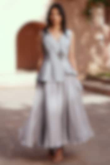 Grey Chanderi Silk Printed Waistcoat Set by Isha Gupta Tayal at Pernia's Pop Up Shop