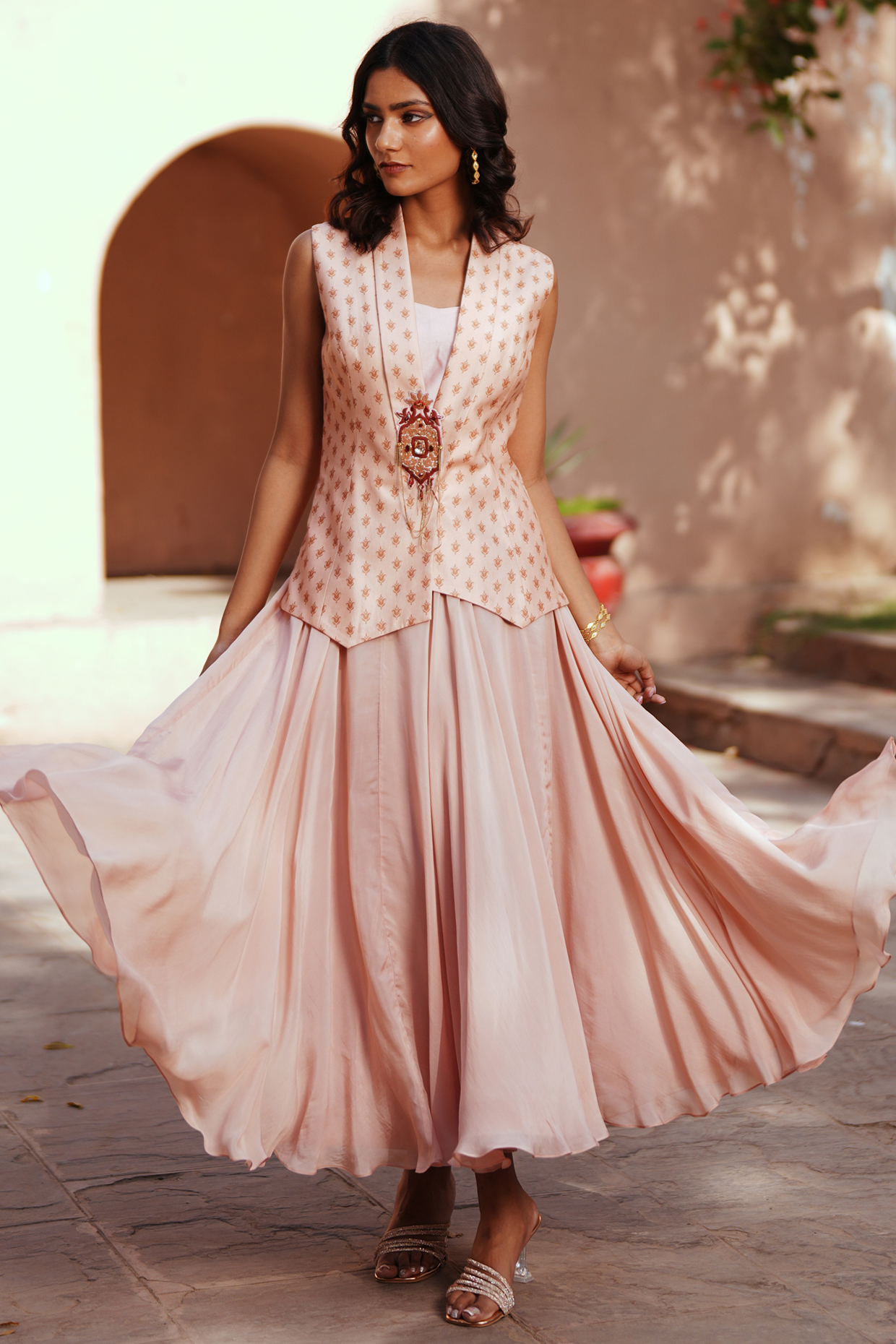 Powder Pink Chanderi Silk Printed Waistcoat Set by Isha Gupta Tayal at Pernia's Pop Up Shop