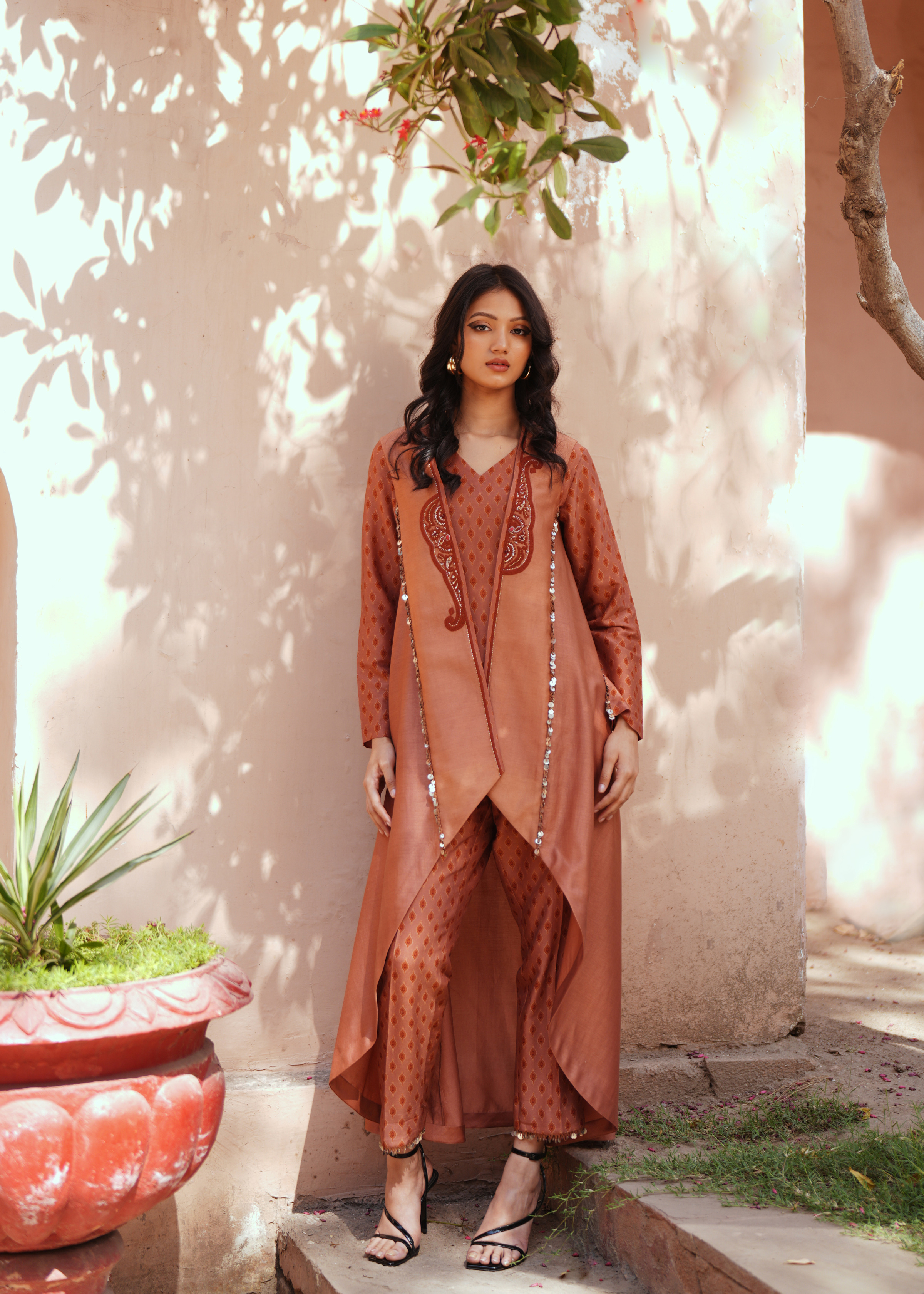Mocha-Tone Chanderi Silk Printed Jacket Kurta Set by Isha Gupta Tayal at Pernia's Pop Up Shop