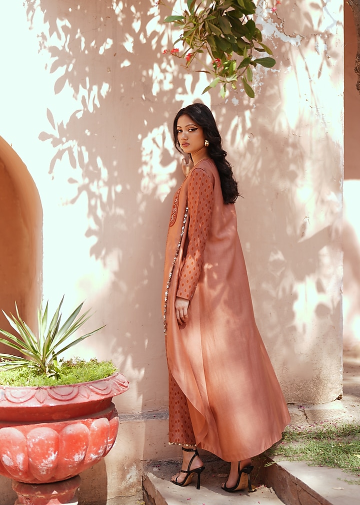 Mocha-Tone Chanderi Silk Printed Jacket Kurta Set by Isha Gupta Tayal at Pernia's Pop Up Shop