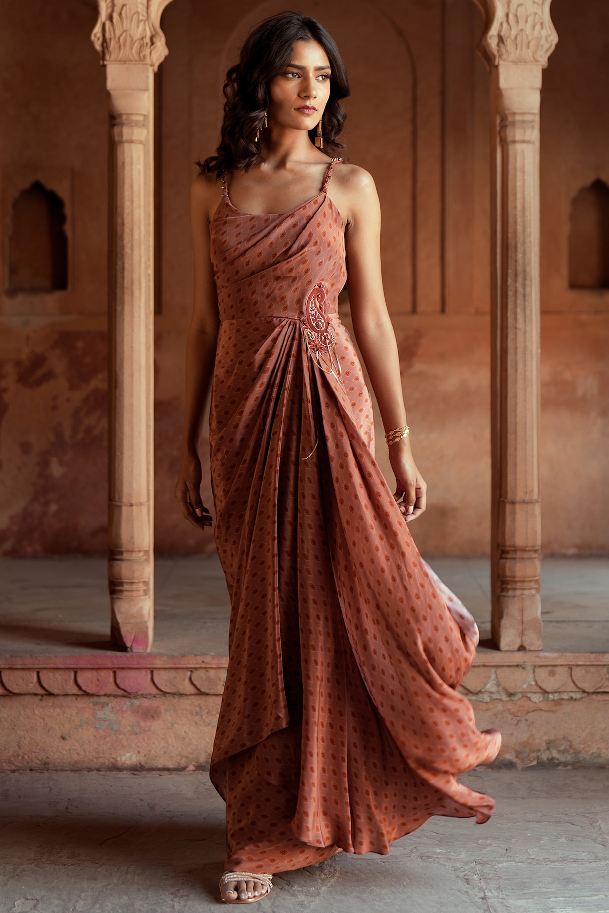 Mocha-Tone Crepe Printed One-Shoulder Draped Dress by Isha Gupta