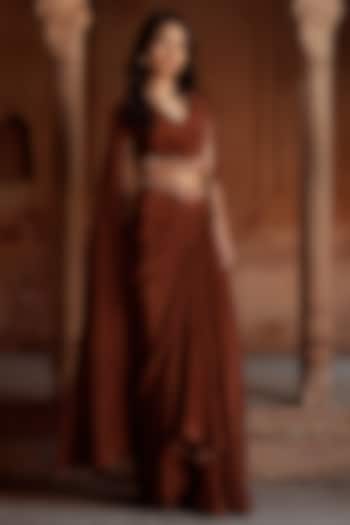 Brown Crepe Printed Draped Skirt Set by Isha Gupta Tayal at Pernia's Pop Up Shop