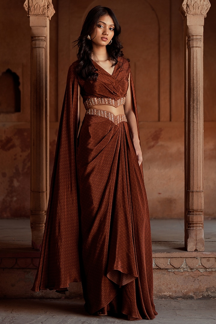 Brown Crepe Printed Draped Skirt Set by Isha Gupta Tayal at Pernia's Pop Up Shop