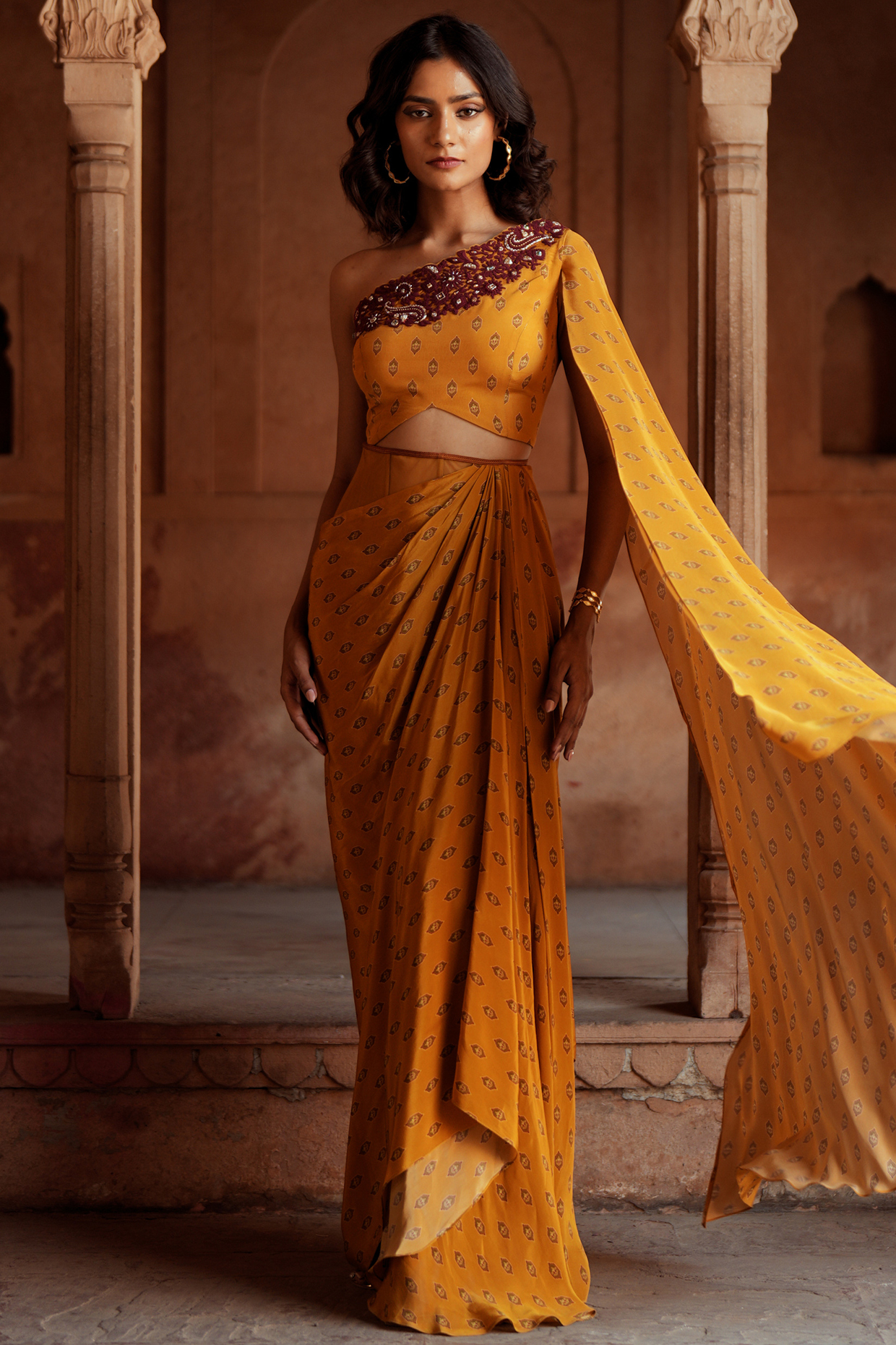 Golden Yellow Crepe Printed Draped Skirt Set by Isha Gupta Tayal at Pernia's Pop Up Shop