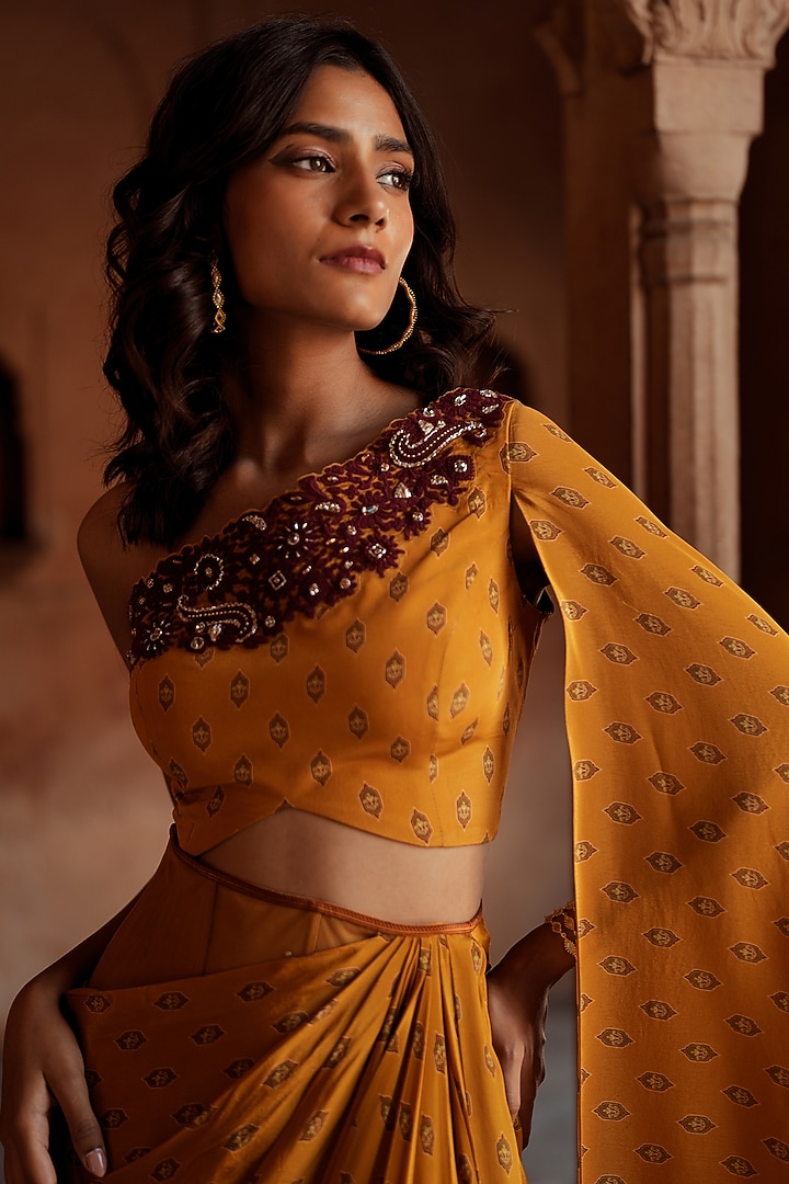 Golden Yellow Crepe Printed Draped Skirt Set by Isha Gupta Tayal at Pernia's Pop Up Shop