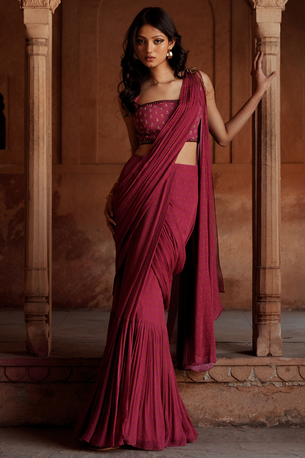 Mulberry Pink Georgette Printed Pre-Stitched Saree Set by Isha Gupta Tayal at Pernia's Pop Up Shop