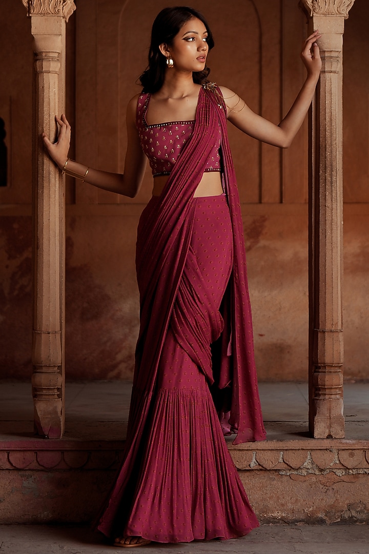 Mulberry Pink Georgette Printed Pre-Stitched Wedding Saree Set by Isha Gupta Tayal at Pernia's Pop Up Shop