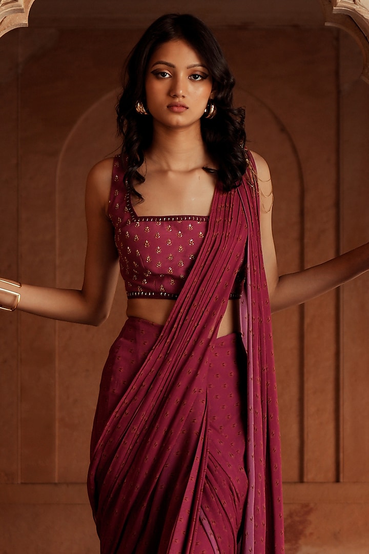 Mulberry Pink Georgette Printed Pre-Stitched Wedding Saree Set by Isha Gupta Tayal at Pernia's Pop Up Shop