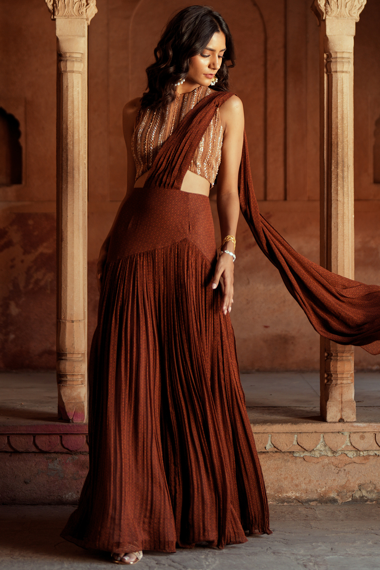 Brown Georgette Printed Pre-Stitched Saree Set by Isha Gupta Tayal at Pernia's Pop Up Shop