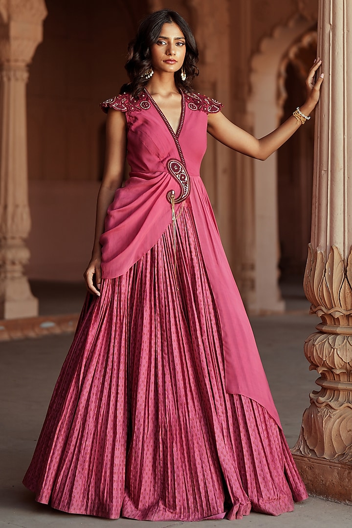 Pink Chanderi Silk Printed Wedding Lehenga Set by Isha Gupta Tayal at Pernia's Pop Up Shop