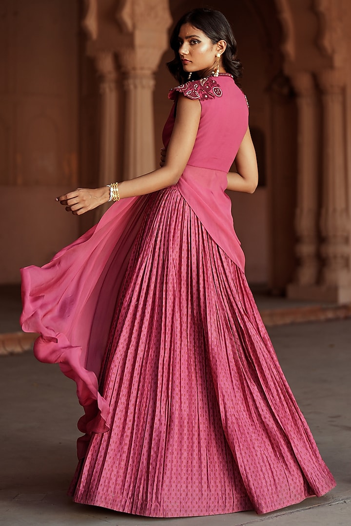 Pink Chanderi Silk Printed Wedding Lehenga Set by Isha Gupta Tayal at Pernia's Pop Up Shop