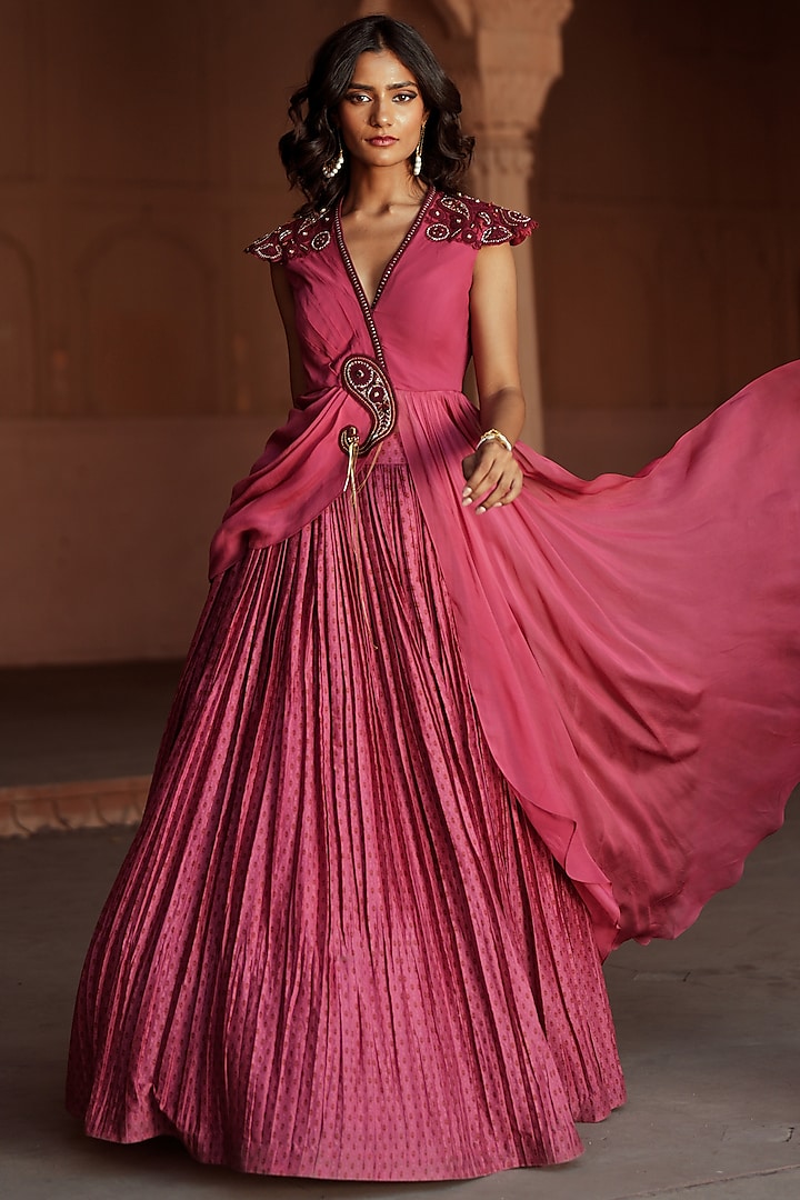 Pink Chanderi Silk Printed Wedding Lehenga Set by Isha Gupta Tayal at Pernia's Pop Up Shop