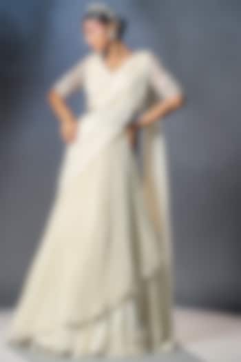 Shell White Pre-Stitched Draped Saree Set by Isha Gupta Tayal