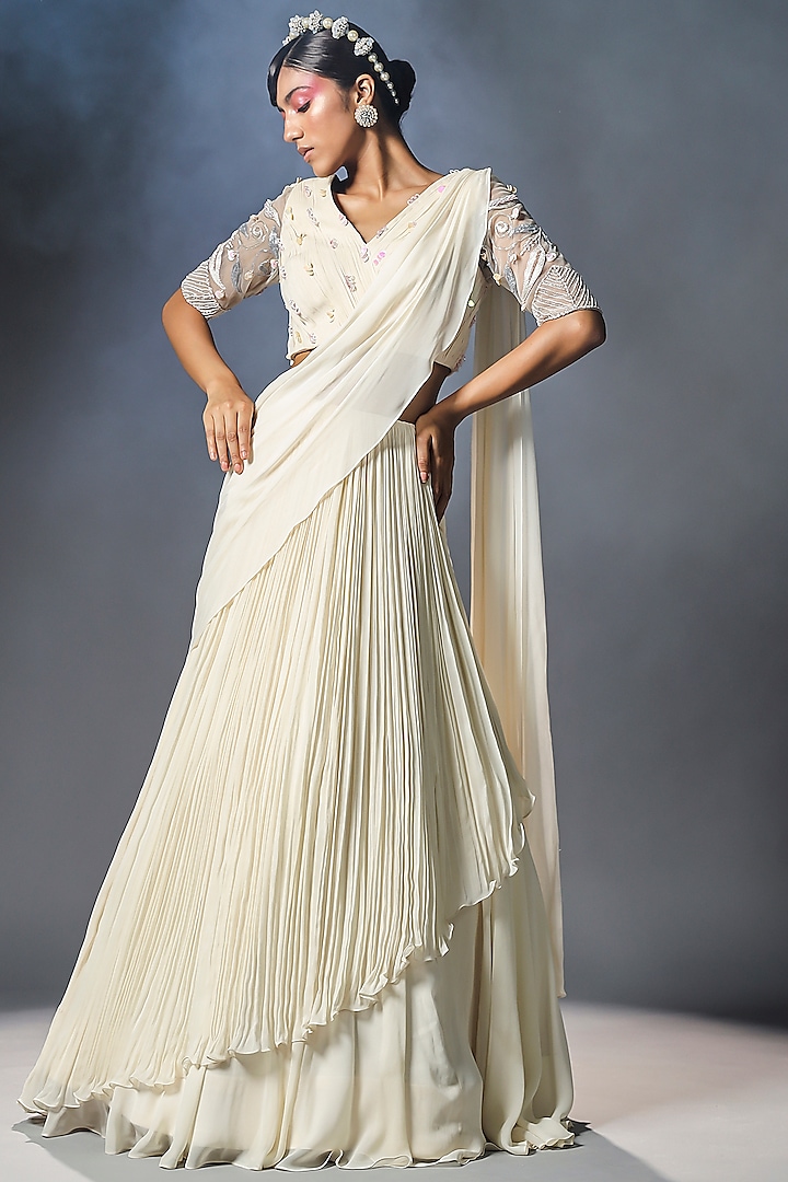 Shell White Georgette Pre-Stitched Draped Saree Set by Isha Gupta Tayal