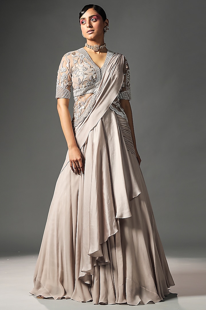 Beige Grey Chiffon Pre-Stitched Draped Jacket Saree Set by Isha Gupta Tayal