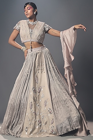 Beige Grey Embroidered Lehenga Set by Isha Gupta Tayal