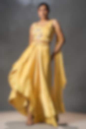 Daffodil Yellow Organza Wrap Skirt Set by Isha Gupta Tayal