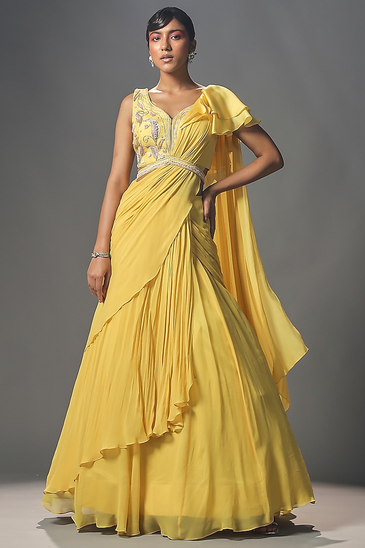 Daffodil Yellow Georgette & Organza Pre-Stitched Draped Saree Set by Isha Gupta Tayal