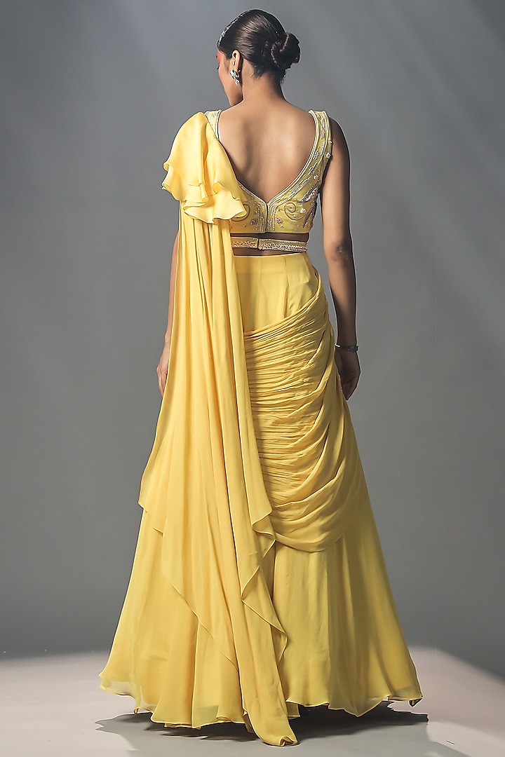 Daffodil Yellow Georgette & Organza Pre-Stitched Draped Wedding Saree Set by Isha Gupta Tayal at Pernia's Pop Up Shop