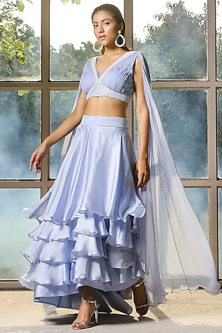 Periwinkle Chiffon Layered
Skirt Set by Isha Gupta Tayal