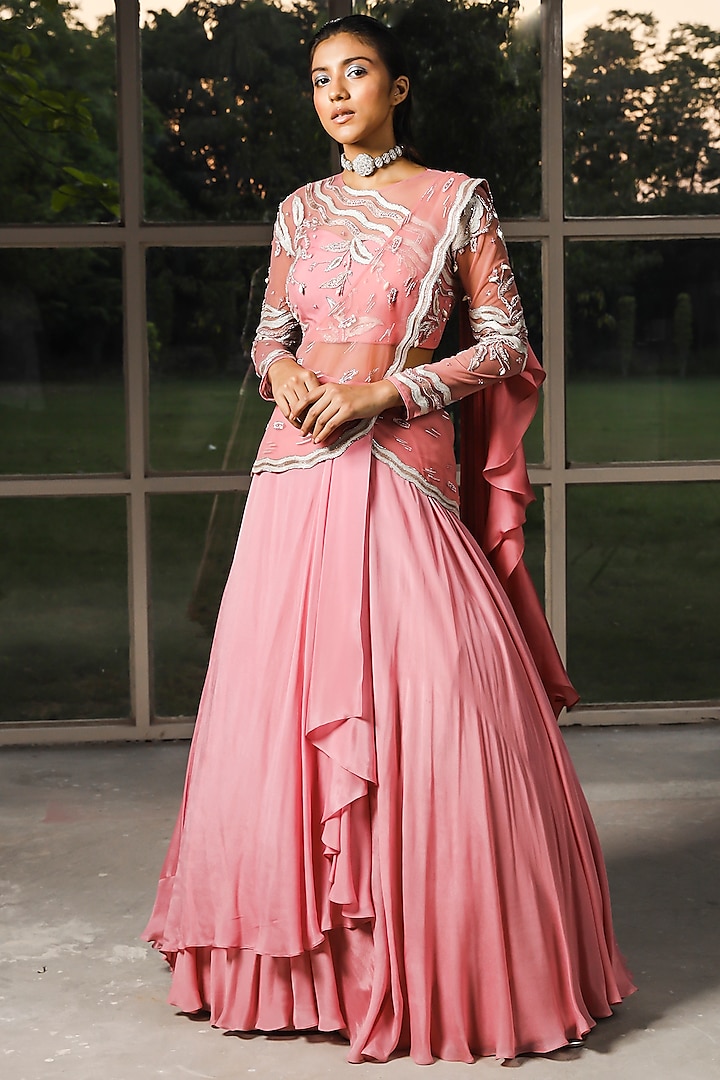 Cashmere Pink Embroidered Draped Saree Set by Isha Gupta Tayal