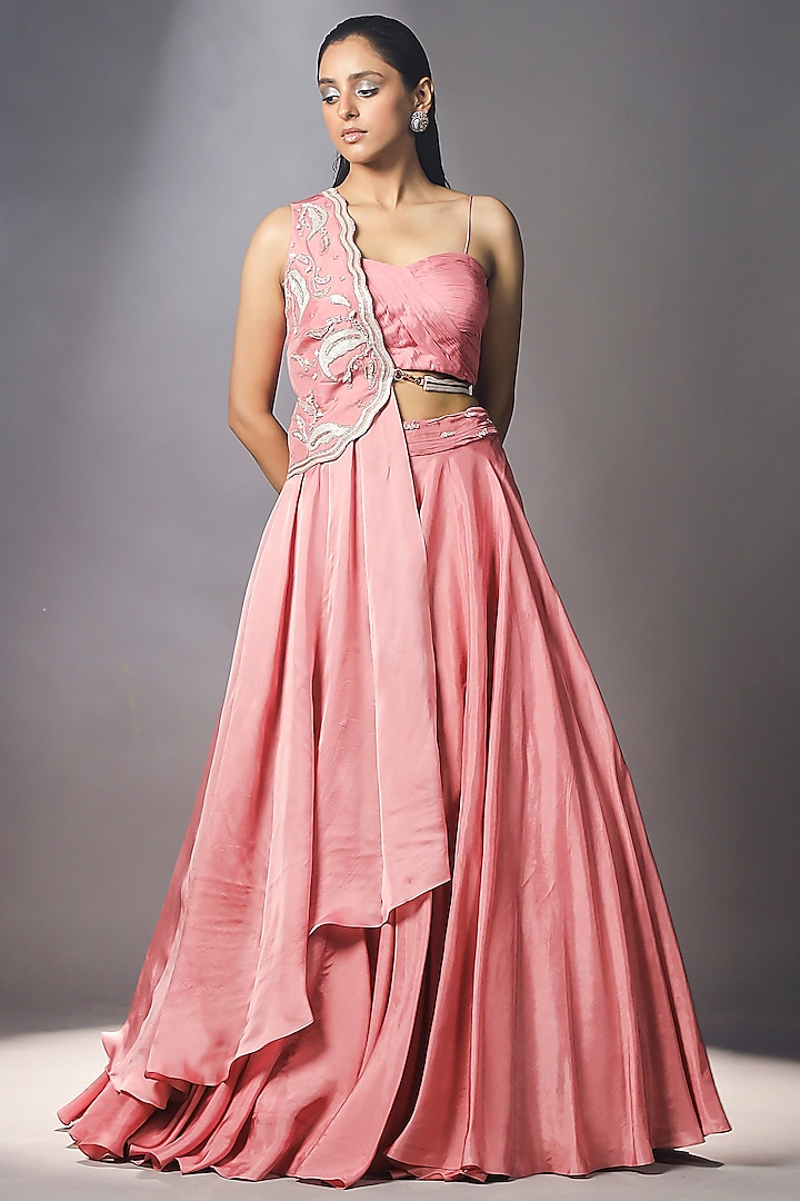 Cashmere Pink Organza & Silk Skirt Set by Isha Gupta Tayal at Pernia's Pop Up Shop