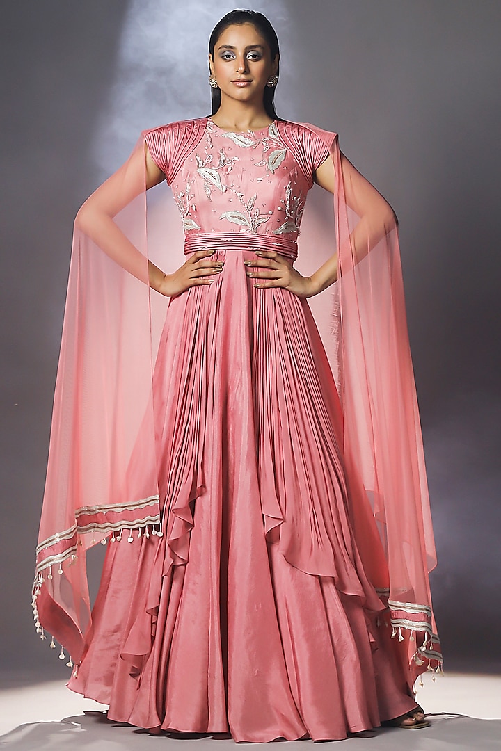Cashmere Pink Silk Embroidered Anarkali Set by Isha Gupta Tayal