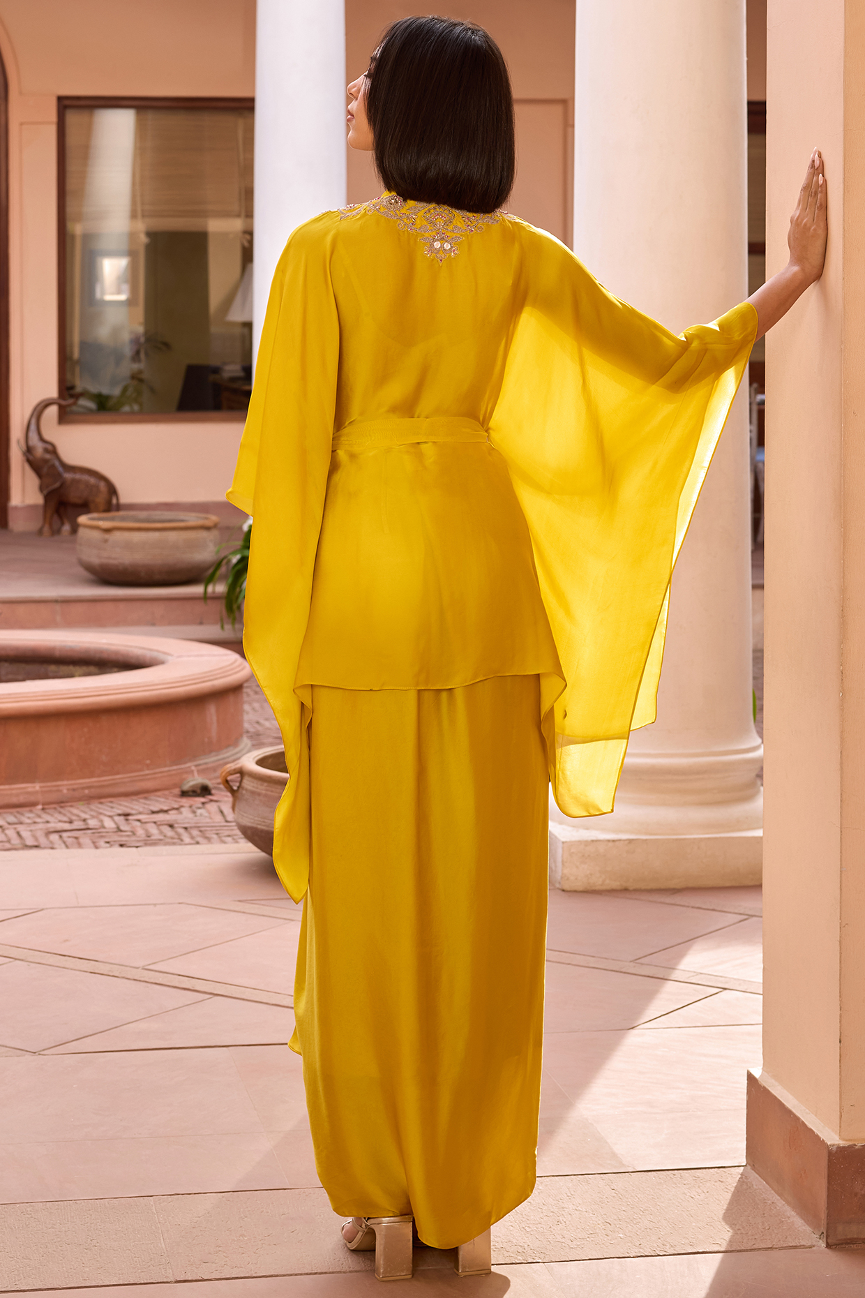 Yellow Satin Organza Pearl & Gota Work Kaftan Top by Isha
