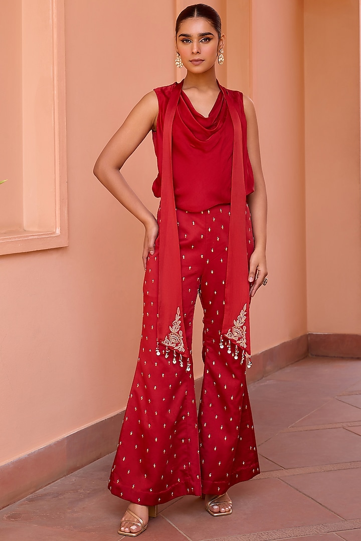 Red Satin Embroidered Pant Set by Isha Gupta Tayal