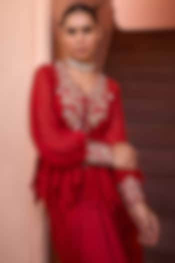 Red Organza & Satin Skirt Set by Isha Gupta Tayal