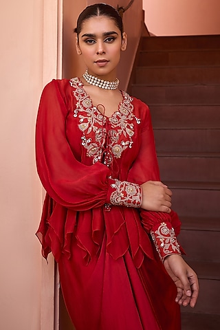 Red Organza & Silk Hand Embroidered Top by Isha Gupta Tayal