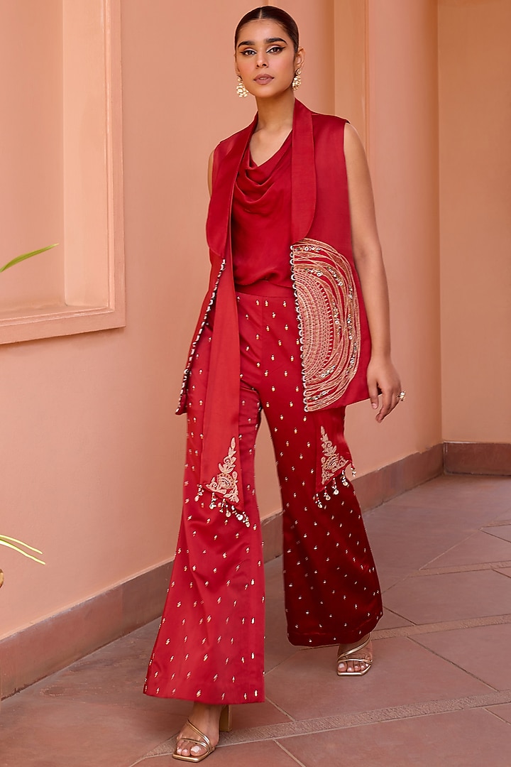 Red Satin Gota & Bead Work Jacket Set by Isha Gupta Tayal